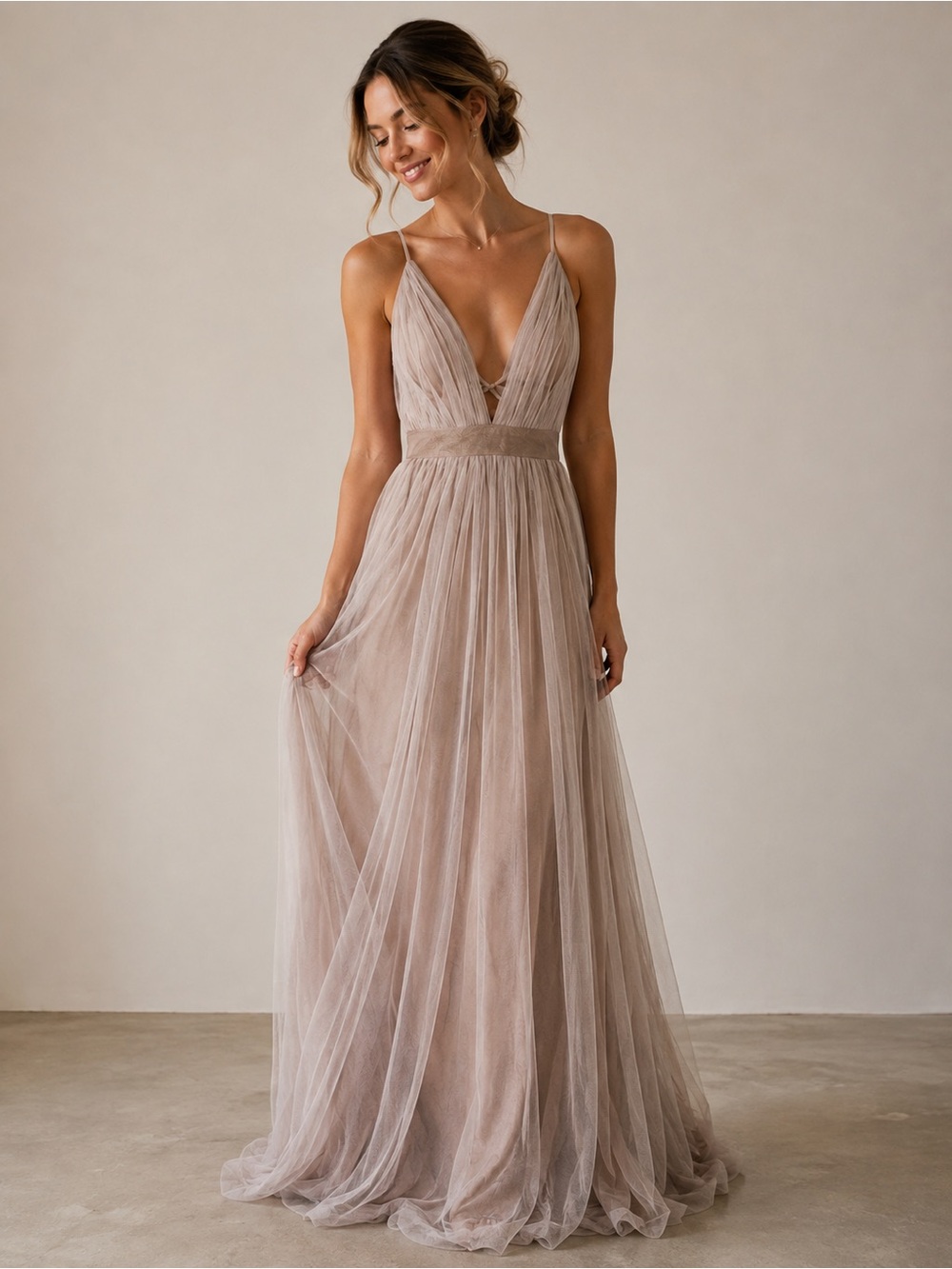 Windsor Ivory & Nude Glitter Tulle Maxi Dress NWT Size Large